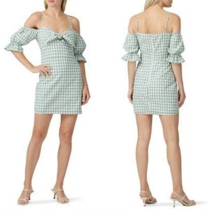 LeRumi Mia Mini Dress Green White Gingham Plaid Open Shoulder Small